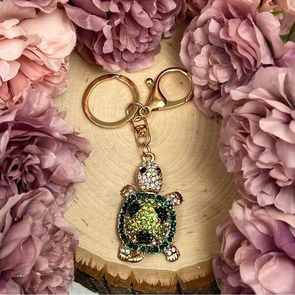 Green and Silver Crystal Turtle Keychain Charm - Picture 5 of 16